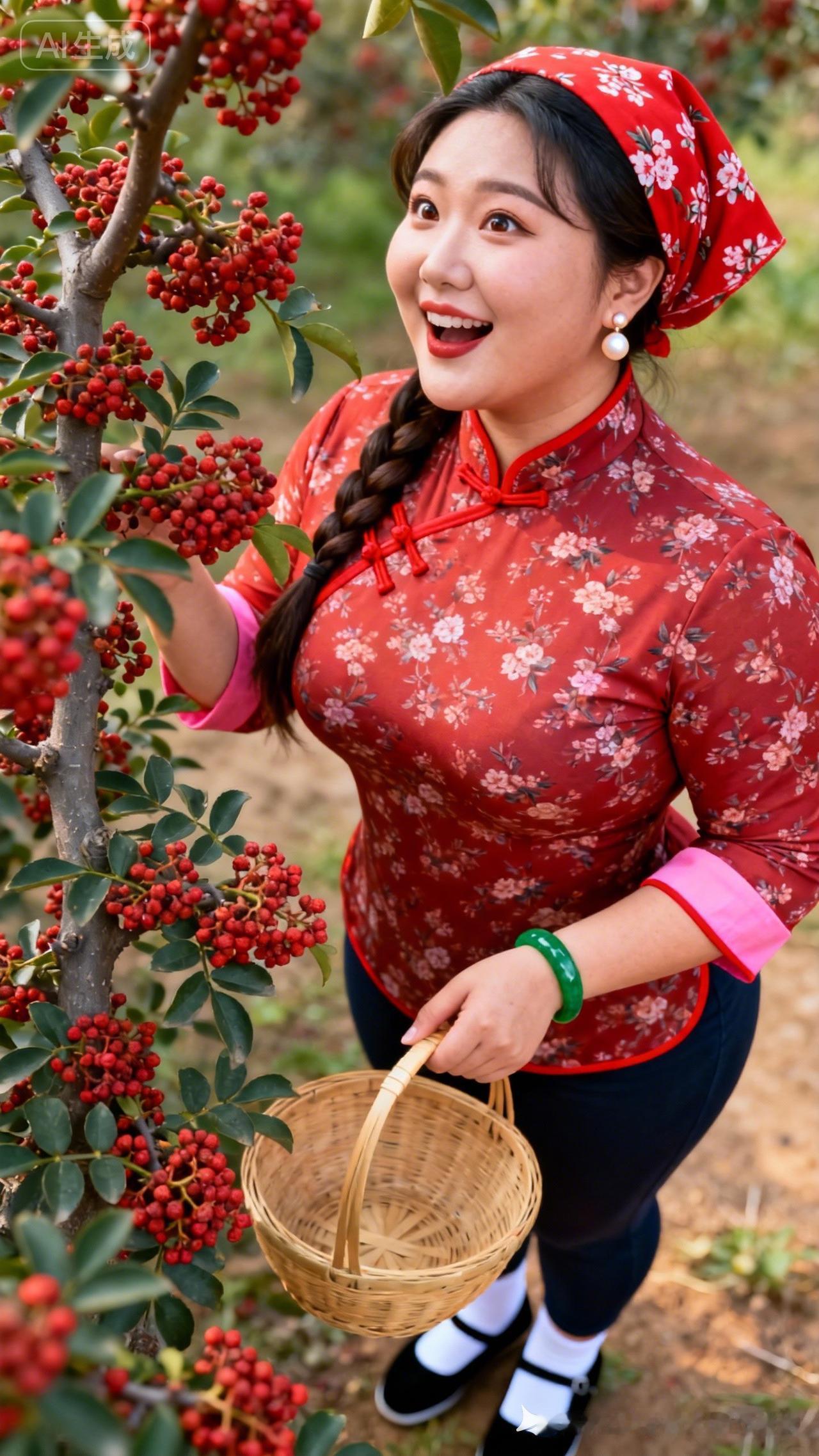 红衣少女采摘红果，笑语盈盈，幸福满满。🍒💃🌸