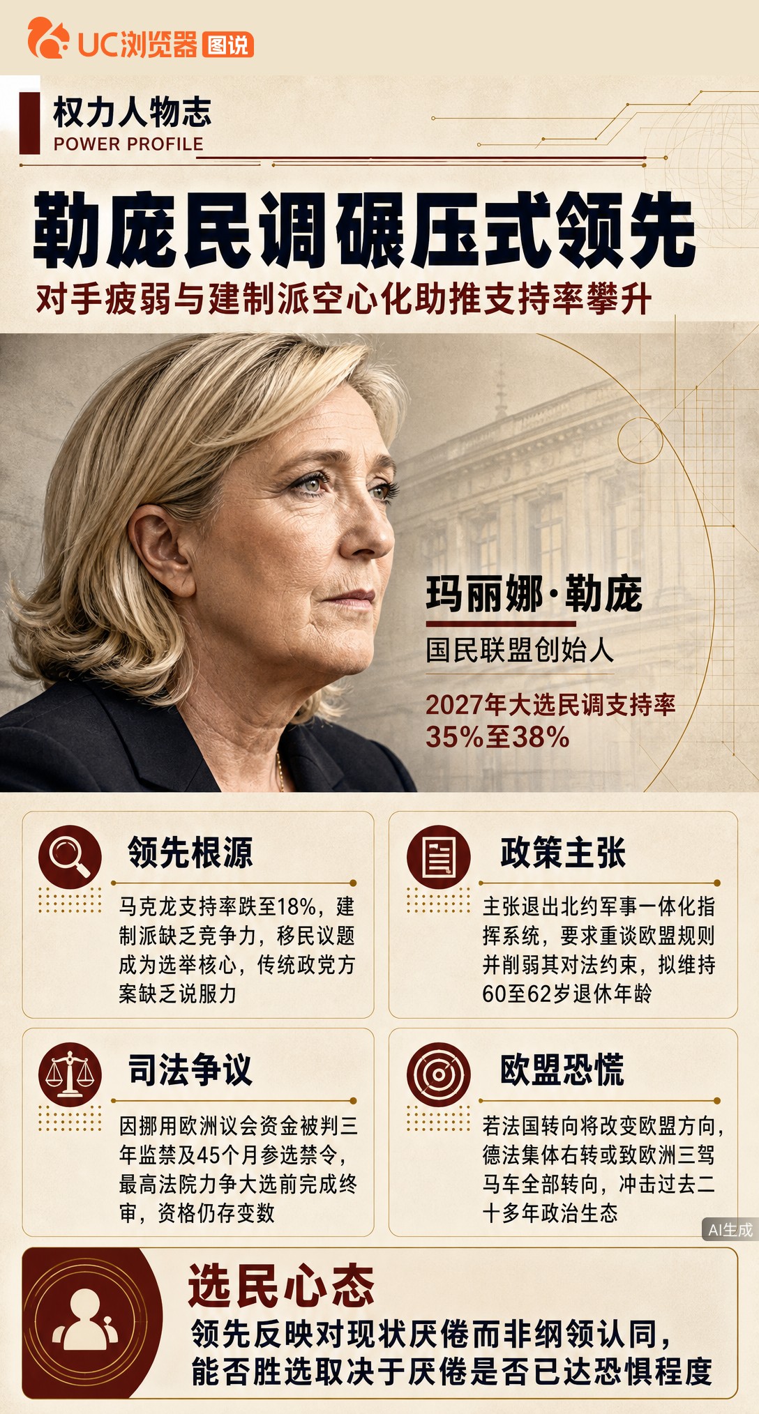 2027大选民调勒庞支持率35%至38%，对手仅她一半。马克龙执政九年耗尽中间路线资产，建制派拿不出
