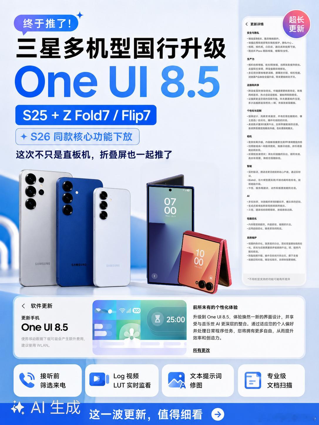 国行三星OneUI8.5更新推送，多设备一起来！目前已经更新的有三星Gala