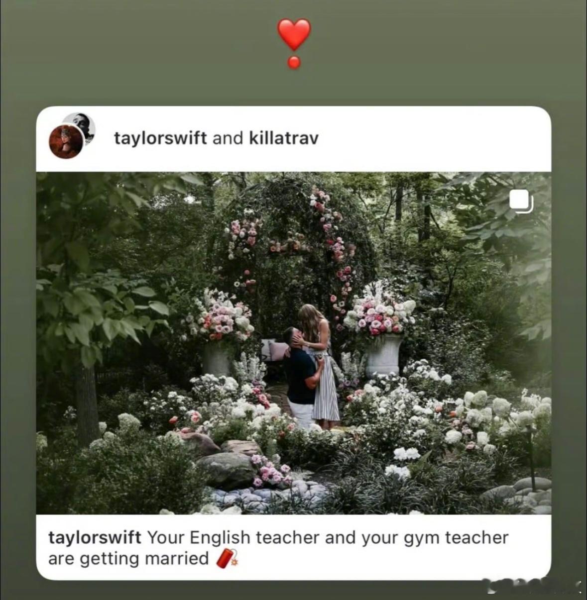 全世界粉丝陷入震惊中。“你的英语老师要和体育老师结婚了”霉霉TaylorSwi