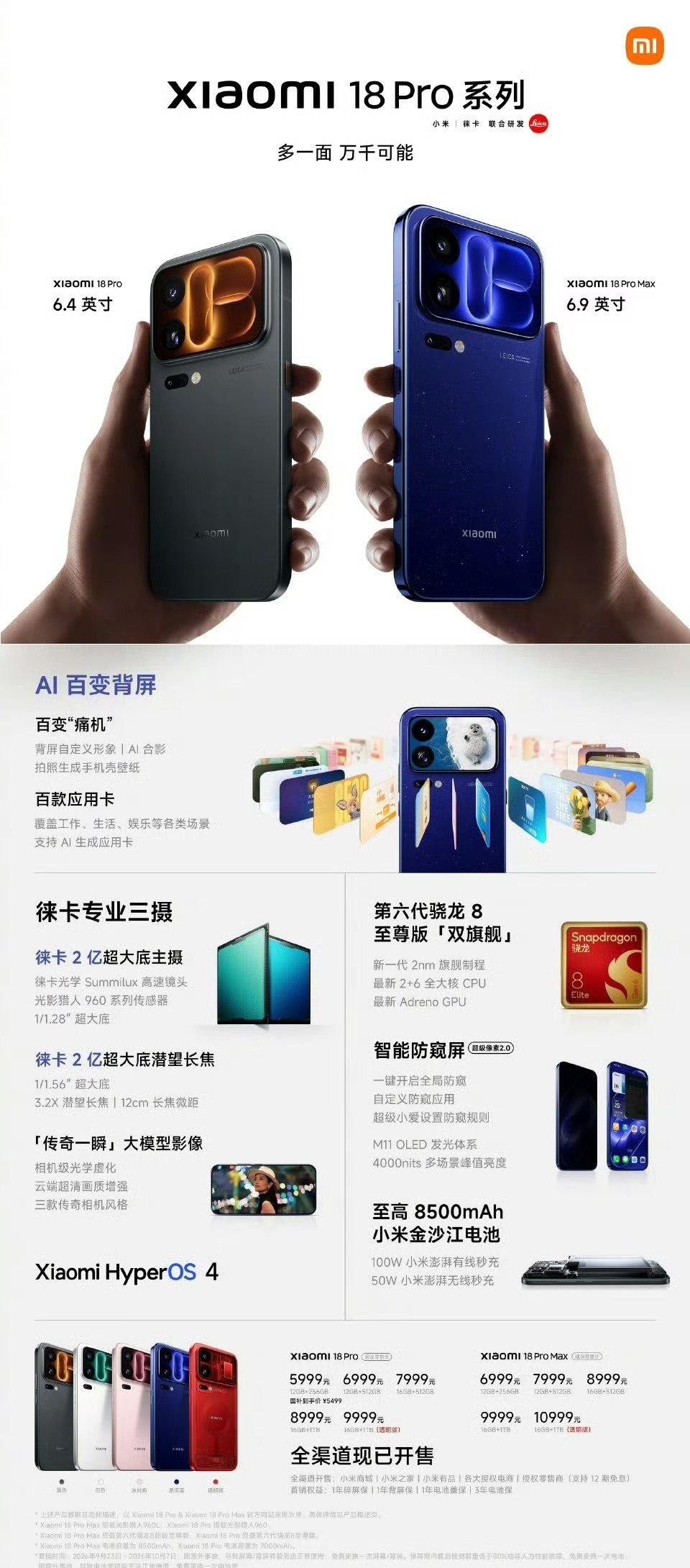 小米18Pro系列发布，5999元起小米18Pro：骁龙8Elite