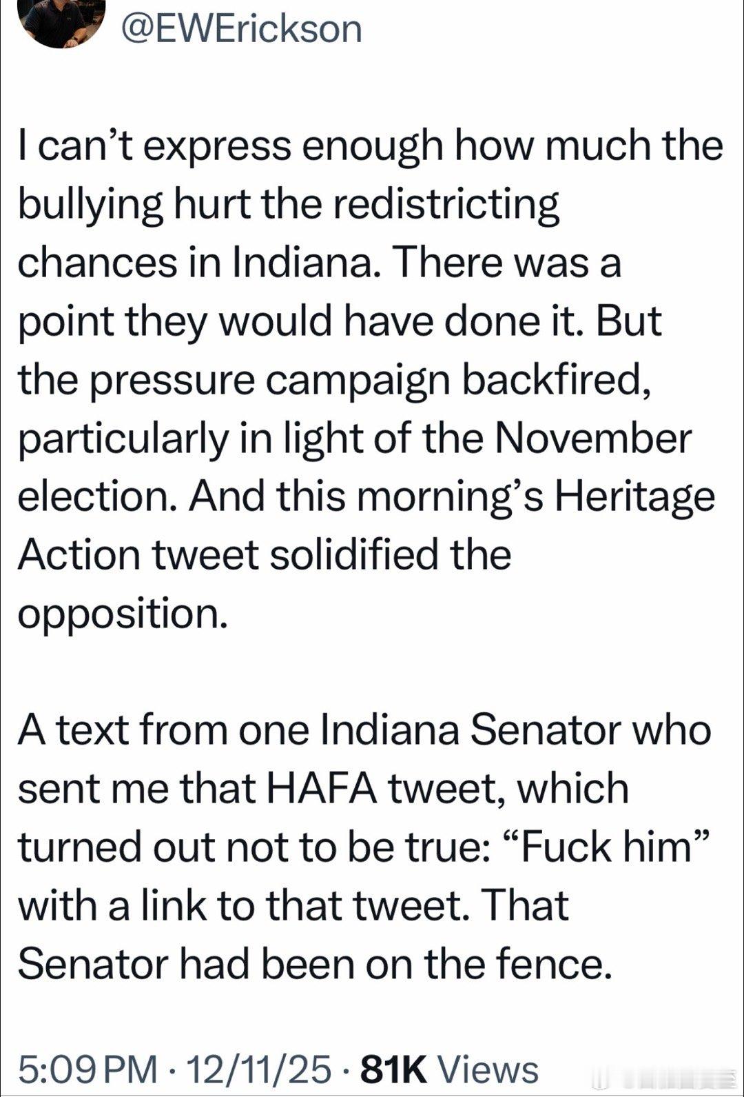 媒体报道：印第安纳州议会（共和党占80%），拒绝重划选区图，总统的施压起了巨大反