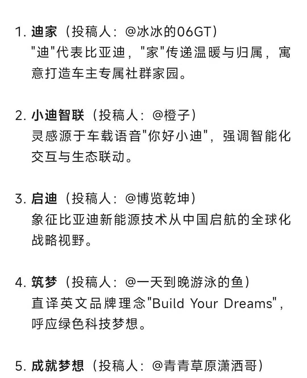 来自网友投稿比亚迪APP整合名称，1、迪家：打造车主专属社群家园；2、小迪智