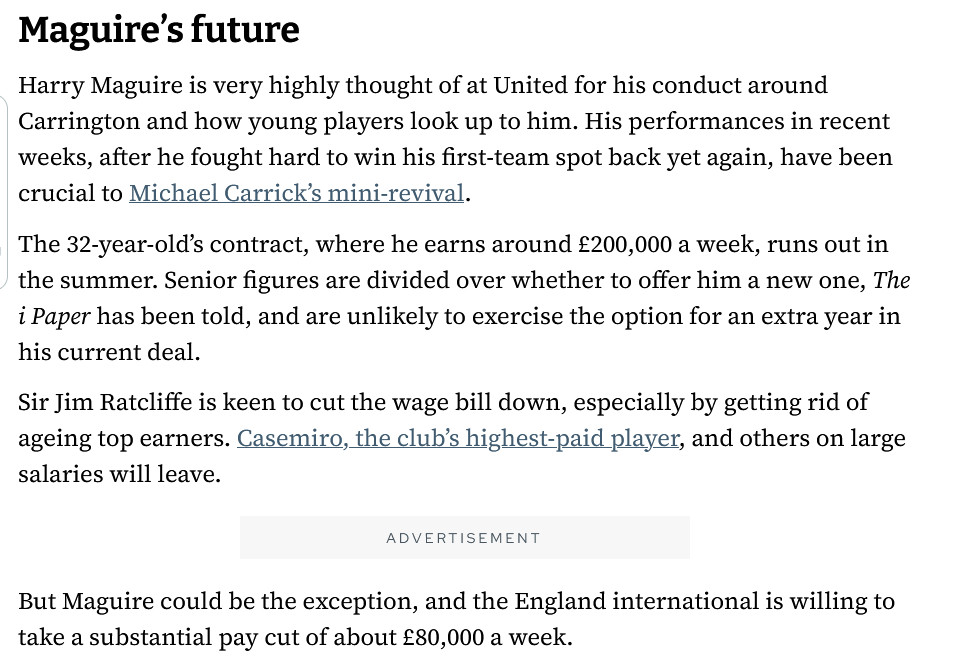 PeterHall谈及马奎尔的未来马奎尔周薪约为20万镑。合同今夏到期。俱乐部