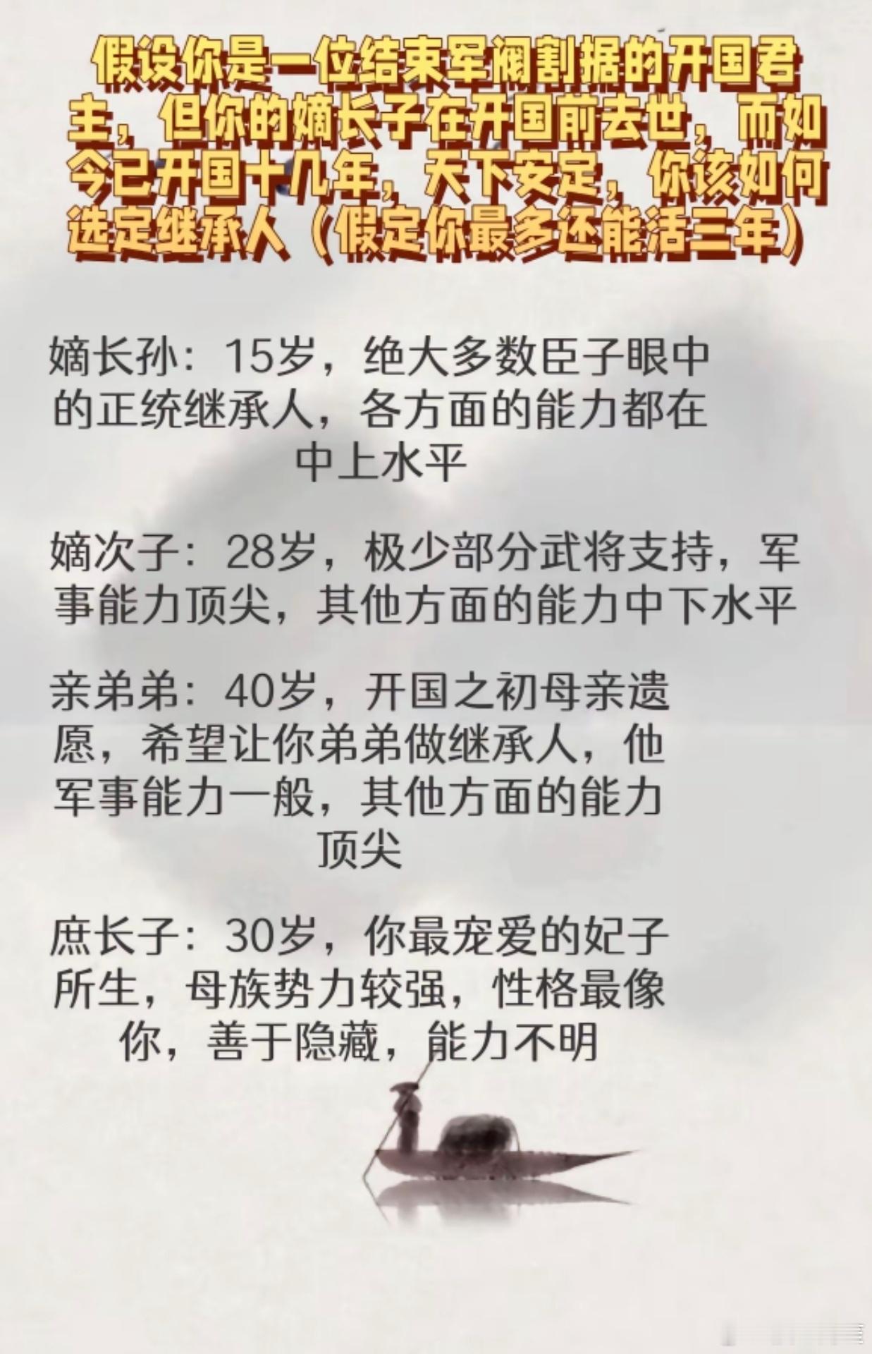 嫡次子如果军事能力顶尖怎么还能没有武将支持呢不过如果是我的话，想立谁就把其他三个