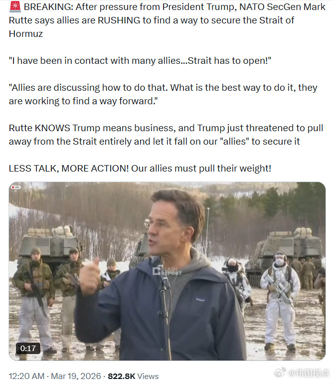 在特朗普总统施压后，北约秘书长马克·吕特表示，各盟国正争分夺秒寻找确保霍尔木兹海