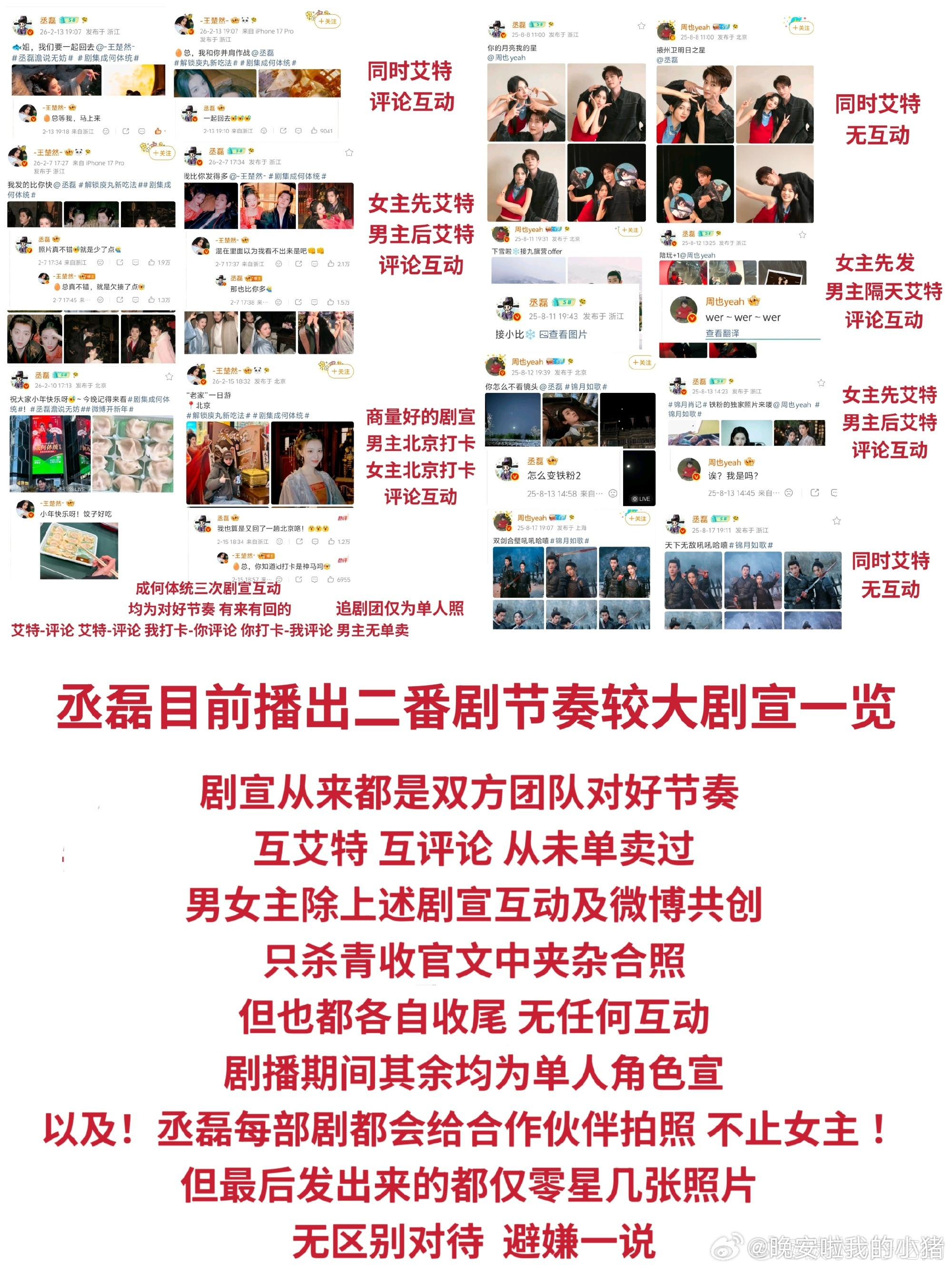 对照以往剧宣营业来看，如果有艾特互动发合照环节丞磊一定会发，但没有的话丞磊也不