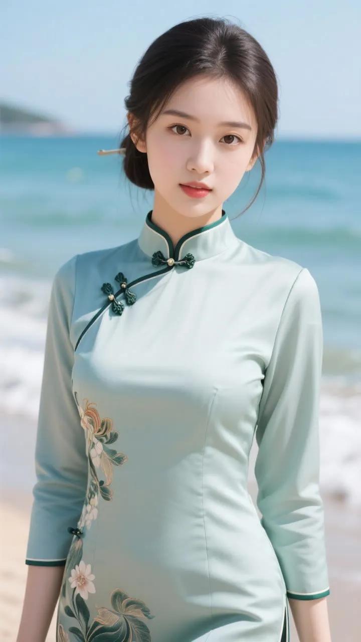 海边少女风，清新淡雅的旗袍，自然的海景背景，优雅动人。