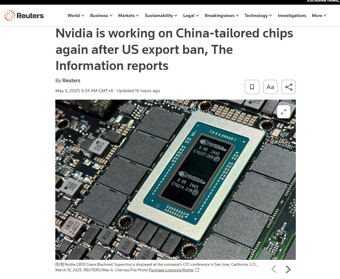 英伟达再次致力于开发专为中国定制的芯片报道称，这家芯片巨头已经与包括阿里巴巴集团