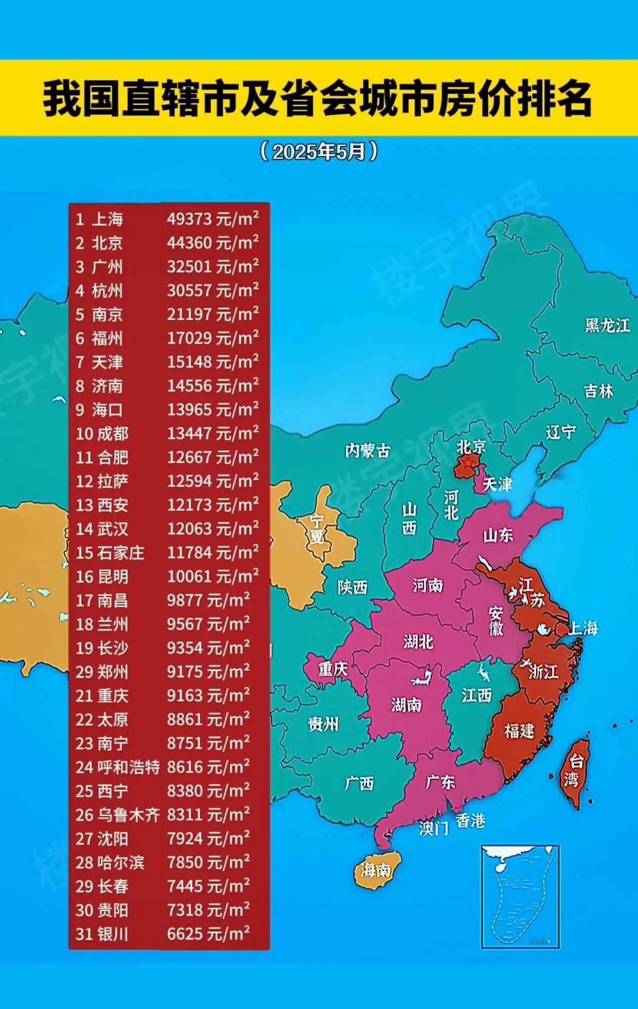 2025年5月份我国31个（省会、直辖市、自治区首府）城市的房屋均价