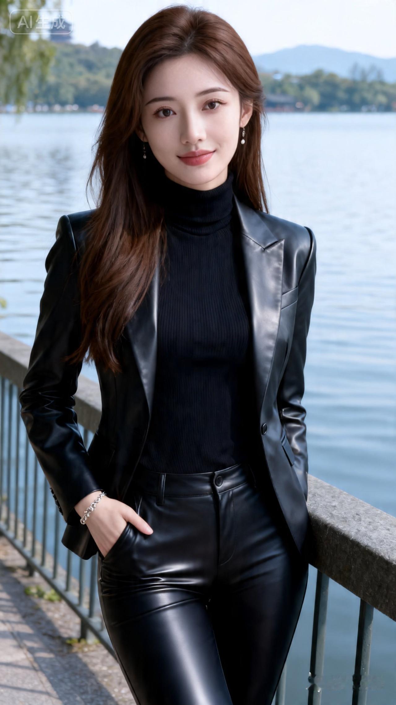 都市酷girl风，黑色皮衣搭配高领毛衣，尽显时尚与自信！