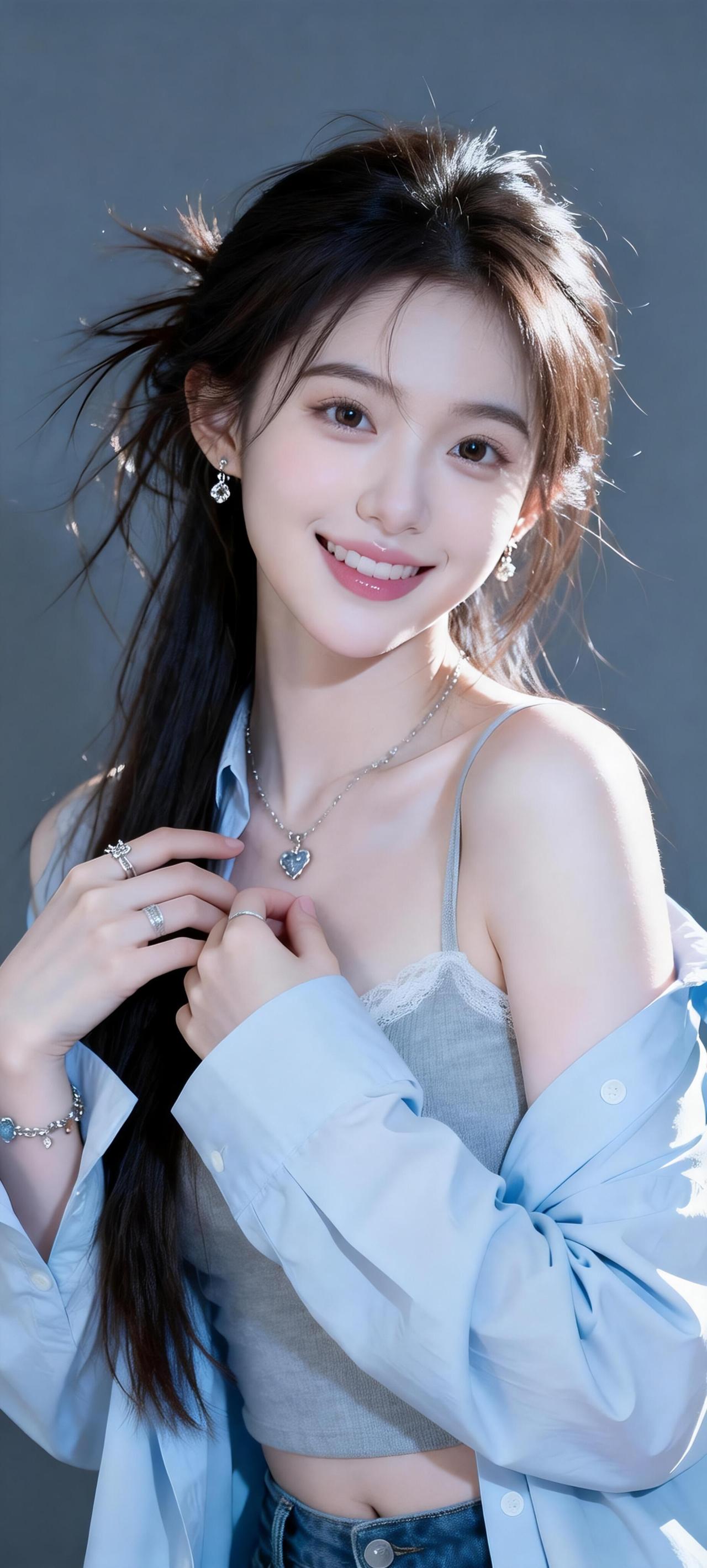 甜美少女风，温柔笑容，蓝白搭配，清新自然