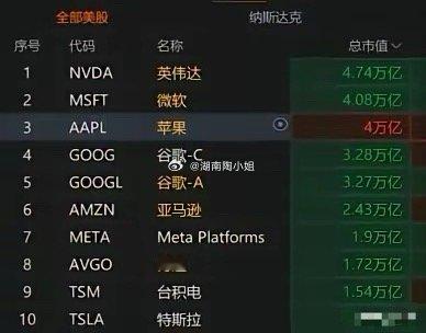 美股市值4万亿美元以上的公司已有三家,分别是英伟达4.89万亿美元、4.03万亿