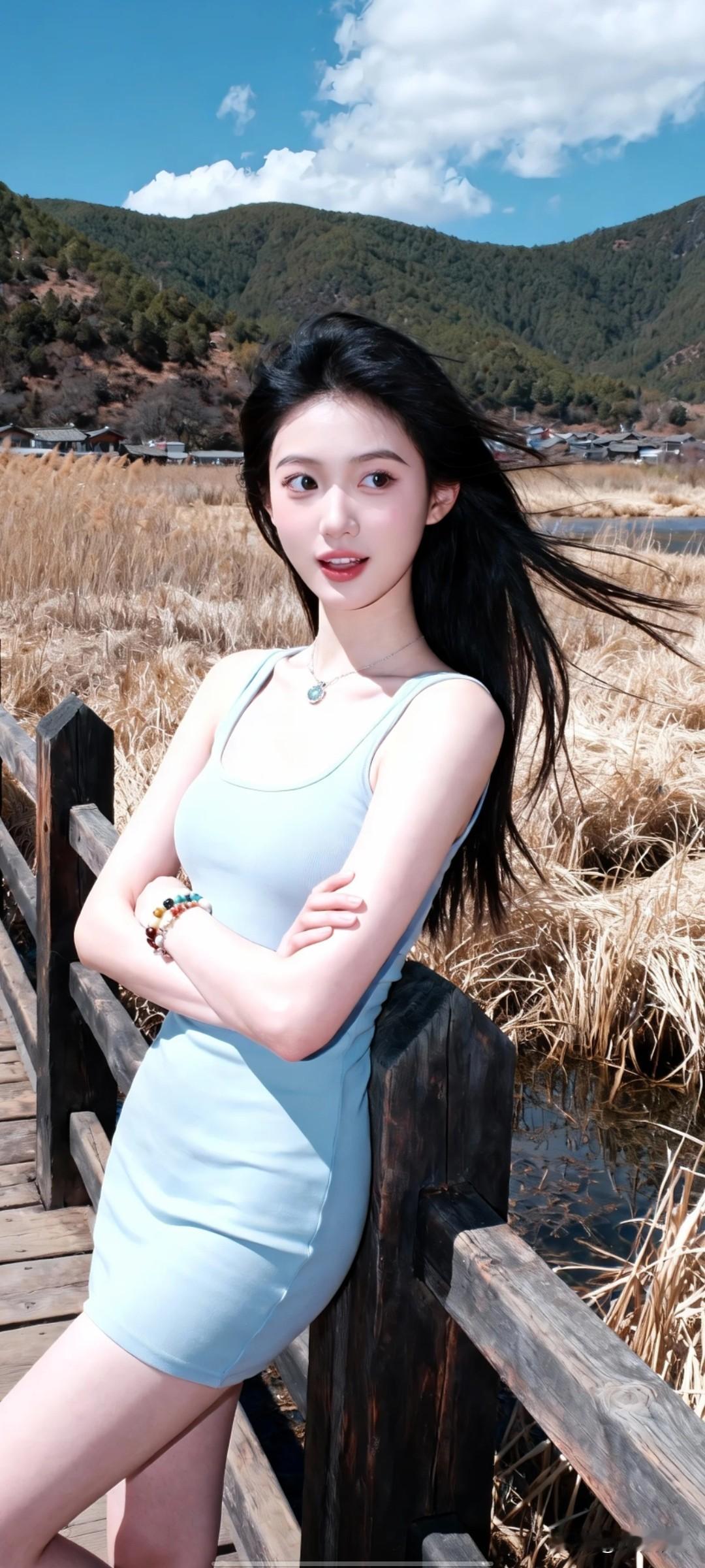 水边佳人倚栏杆，山色入画来。