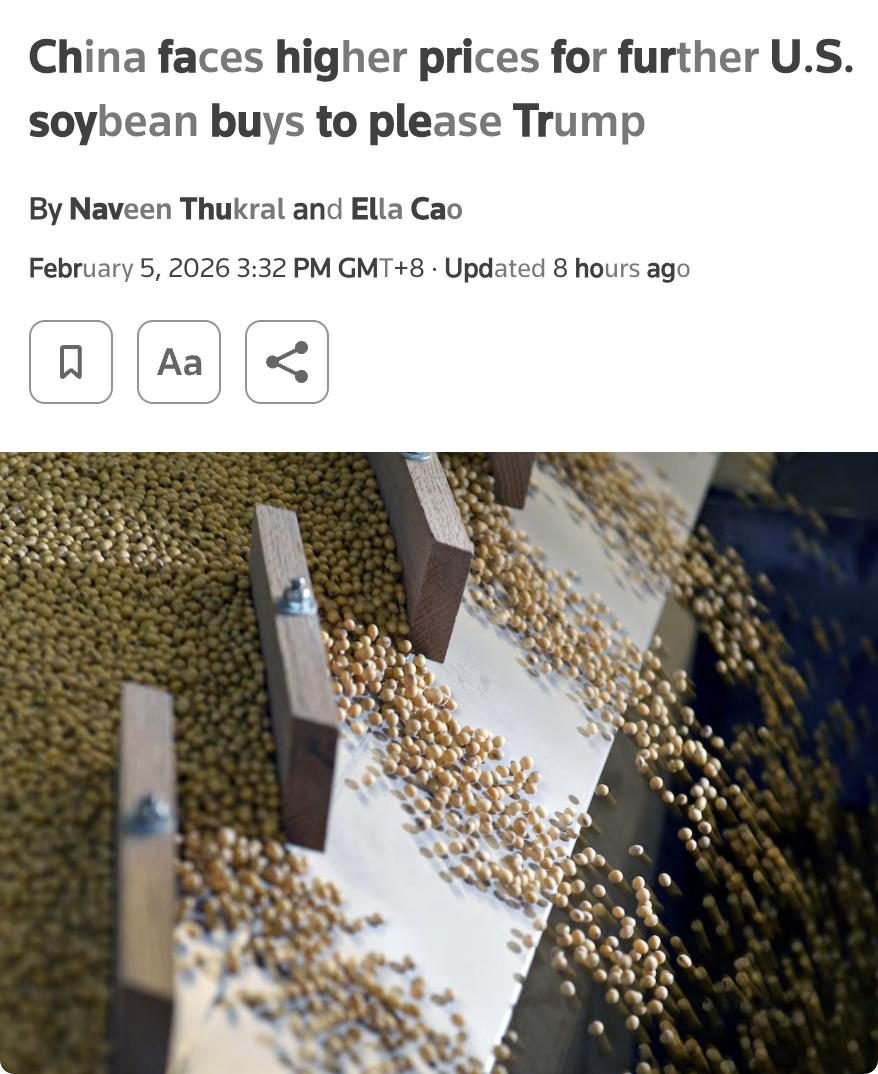 外媒：中国若增购800万吨美国大豆，将面临更高的成本。此前特朗普表示中国正考虑在