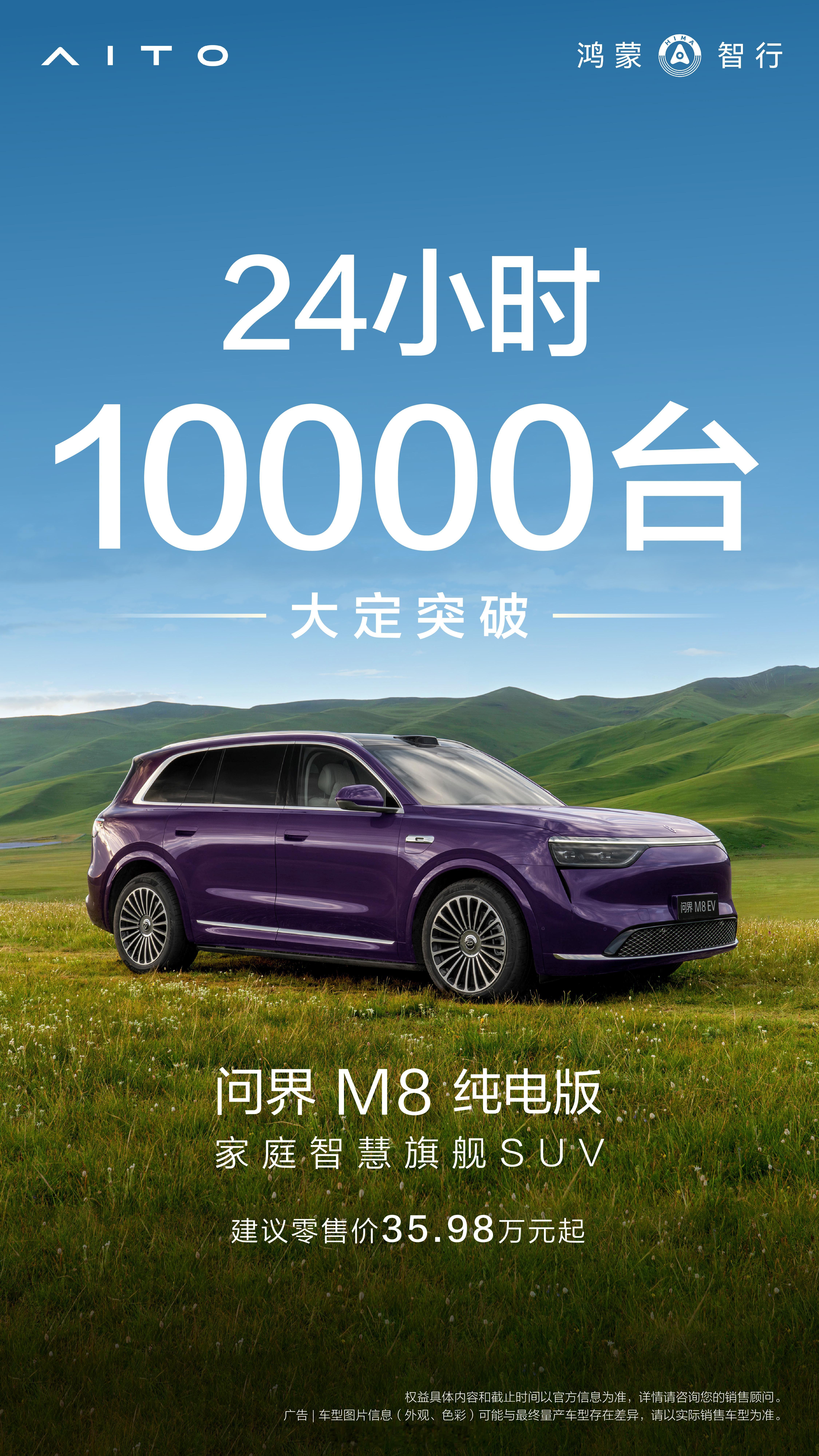 问界M8纯电大定也突破一万台了，M8增程已经连续两个月销量2W+了，现在纯电这势
