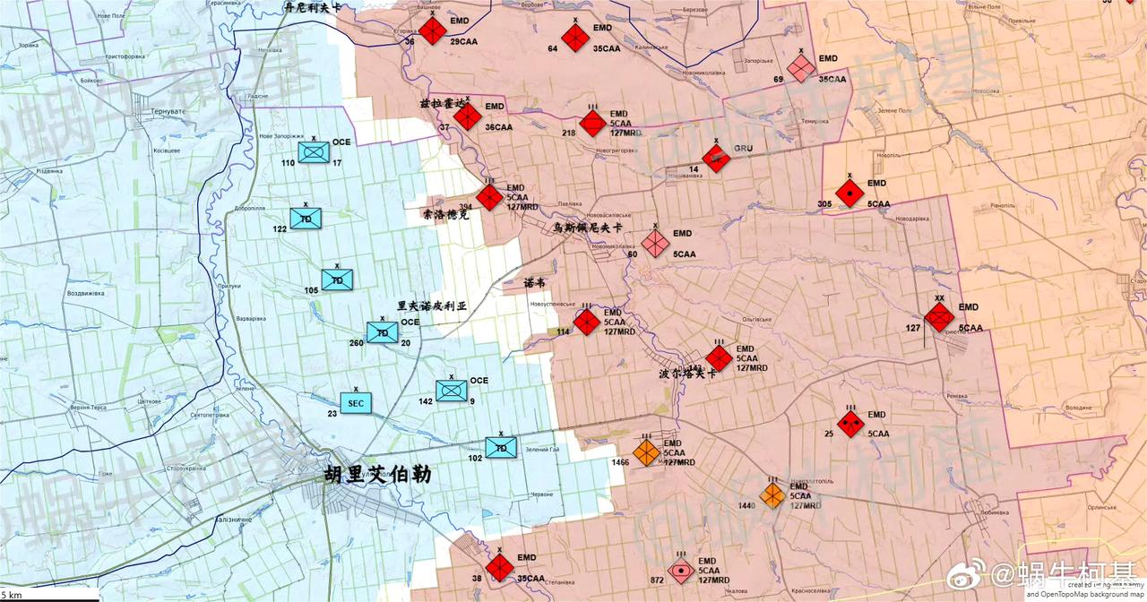 扎波罗热州古利艾波列（胡里艾伯勒）方向俄乌两军兵力对比（红色、橘色代表俄军，蓝色