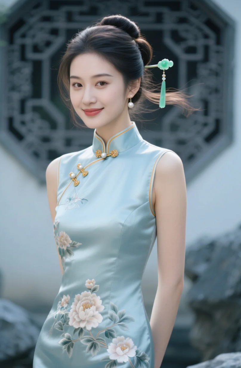 柔美曲线，雪青旗袍中的东方佳人