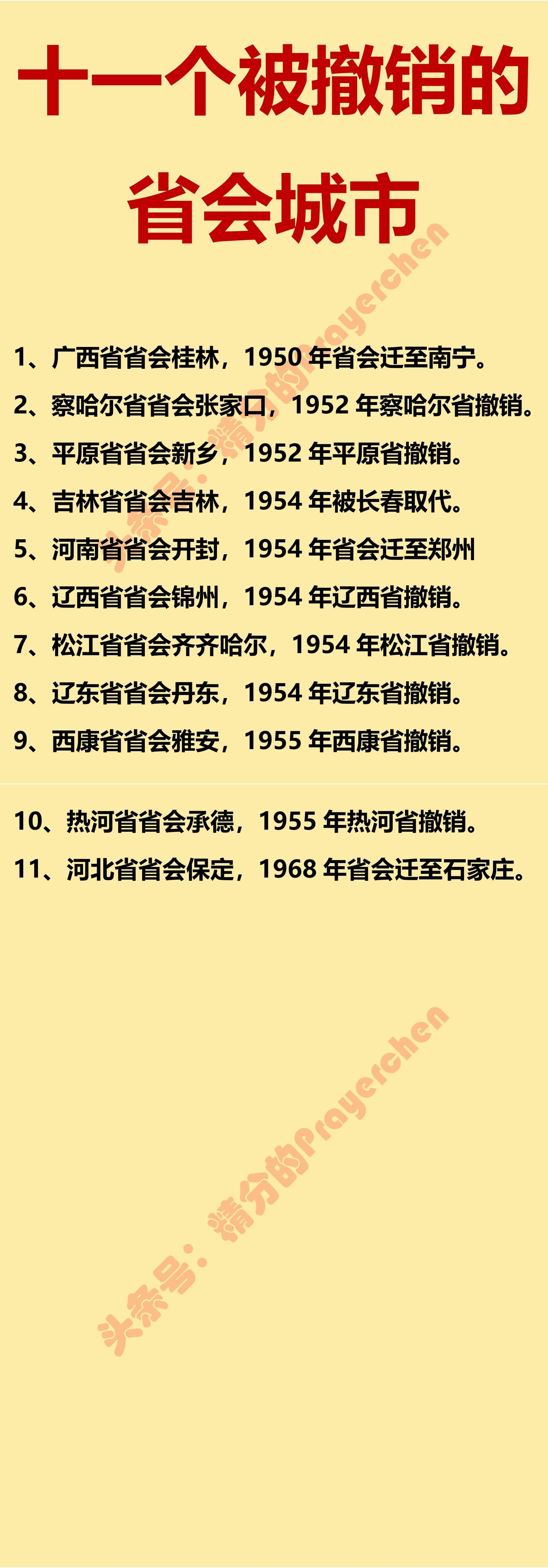 新中国成立后，有11个城市被撤销或迁走了省会地位。一个省的省会城市是非常重要