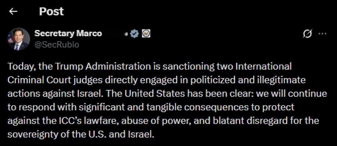 马可·卢比奥：今天，特朗普政府对两名直接参与针对以色列的政治化和非法行动的国际