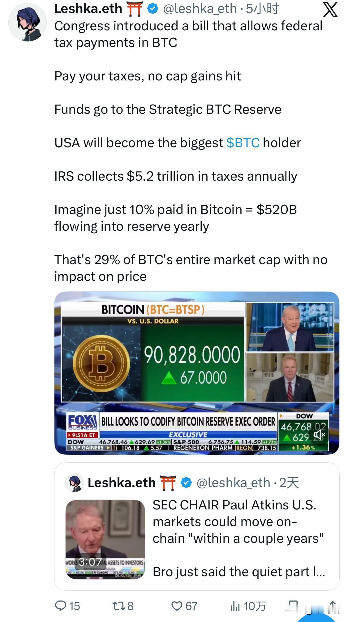 美国国会提出了一项法案，允许以比特币支付联邦税款。美国证券交易委员会主席保罗