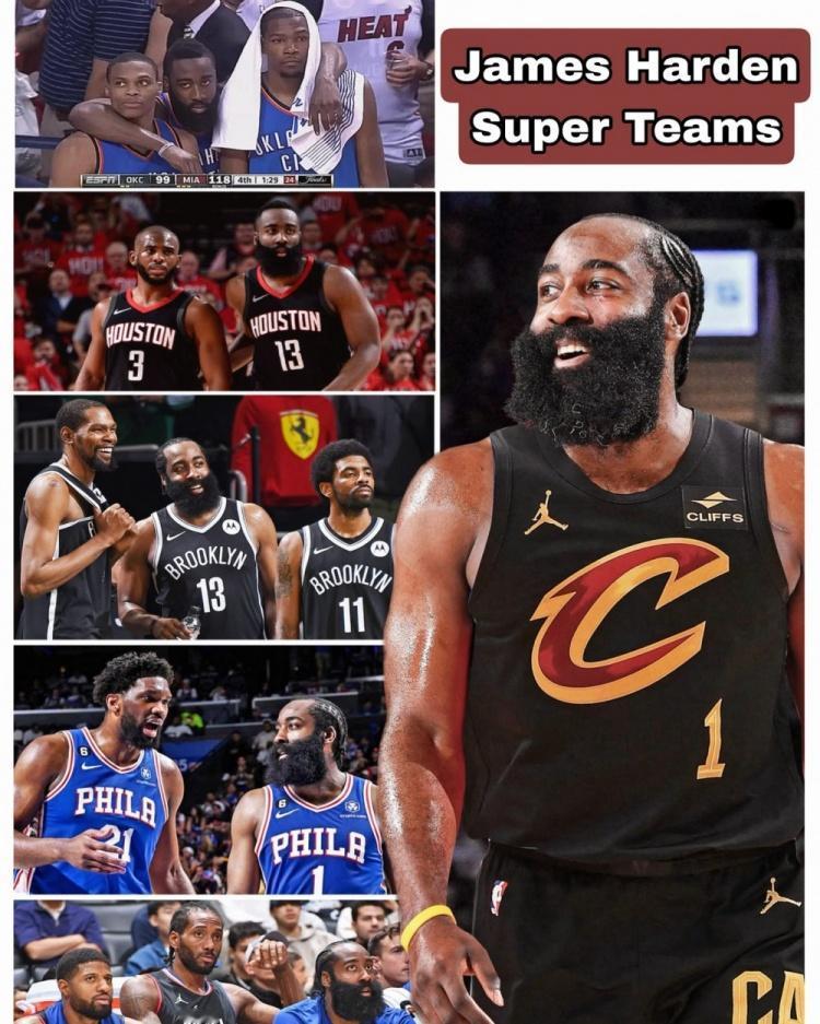 美媒晒图：哈登被快船交易至骑士，他第六次效力于超级球队，这一次必须夺冠没有任何借