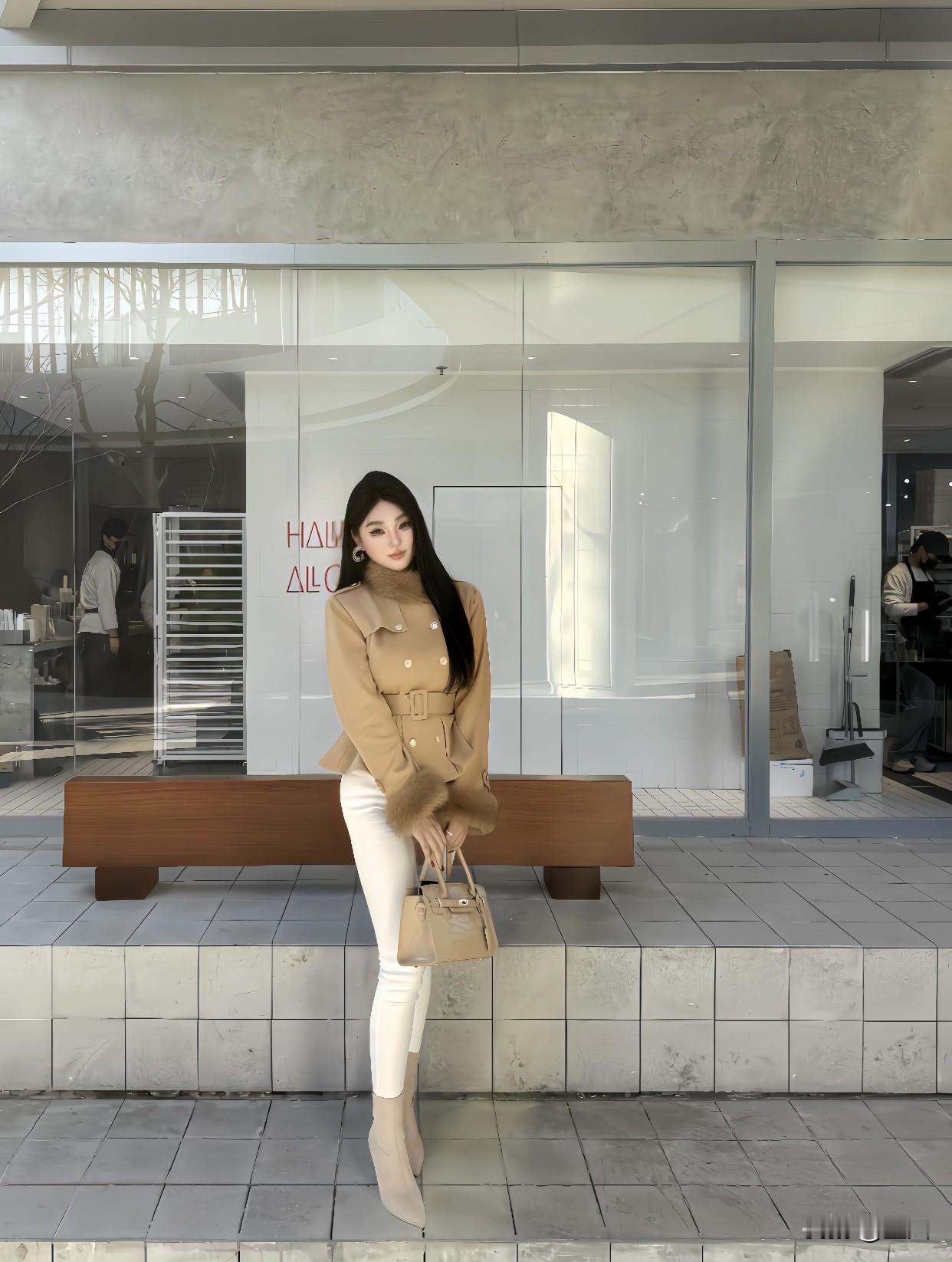 女生怎么穿紧身裤才好看冬日穿搭指南：温暖米色大衣和白色紧身裤，搭配高筒靴，尽显时