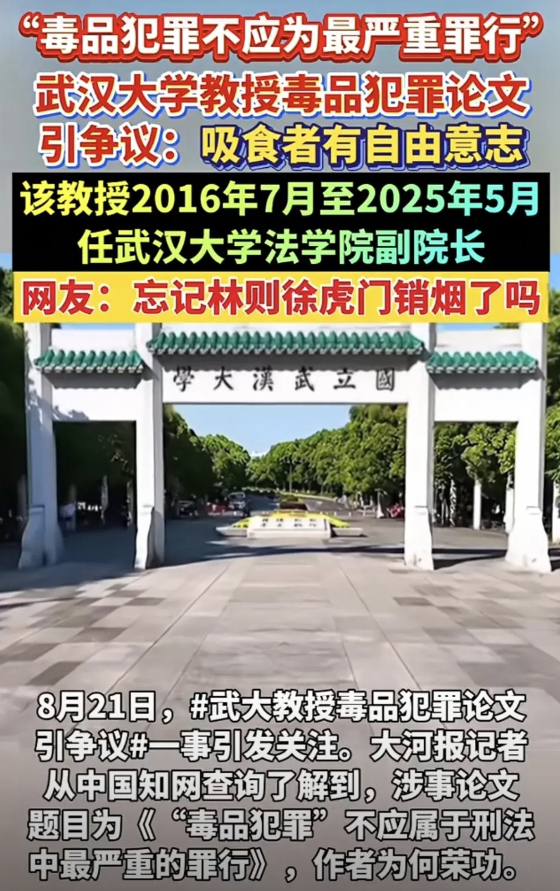 身为法律界人士，职务高至武汉大学法学院副院长，居然能提出“毒品犯罪不应为最严重罪
