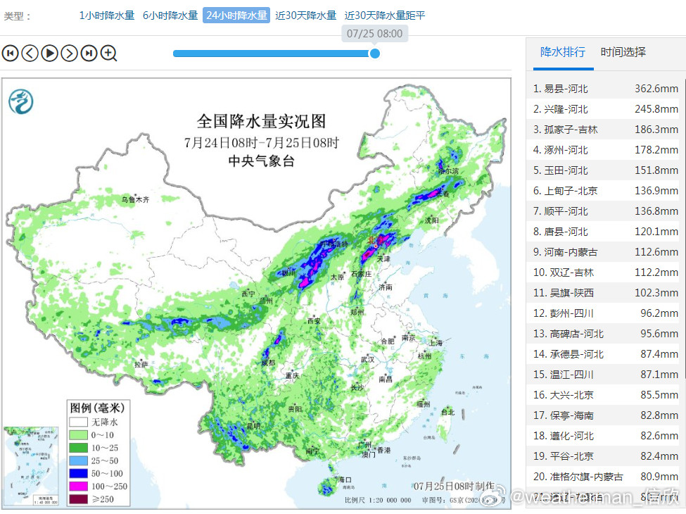 【强降雨河北易县特大暴雨破纪录】昨天到今晨，从西北到华北东北出现西南-东北走向