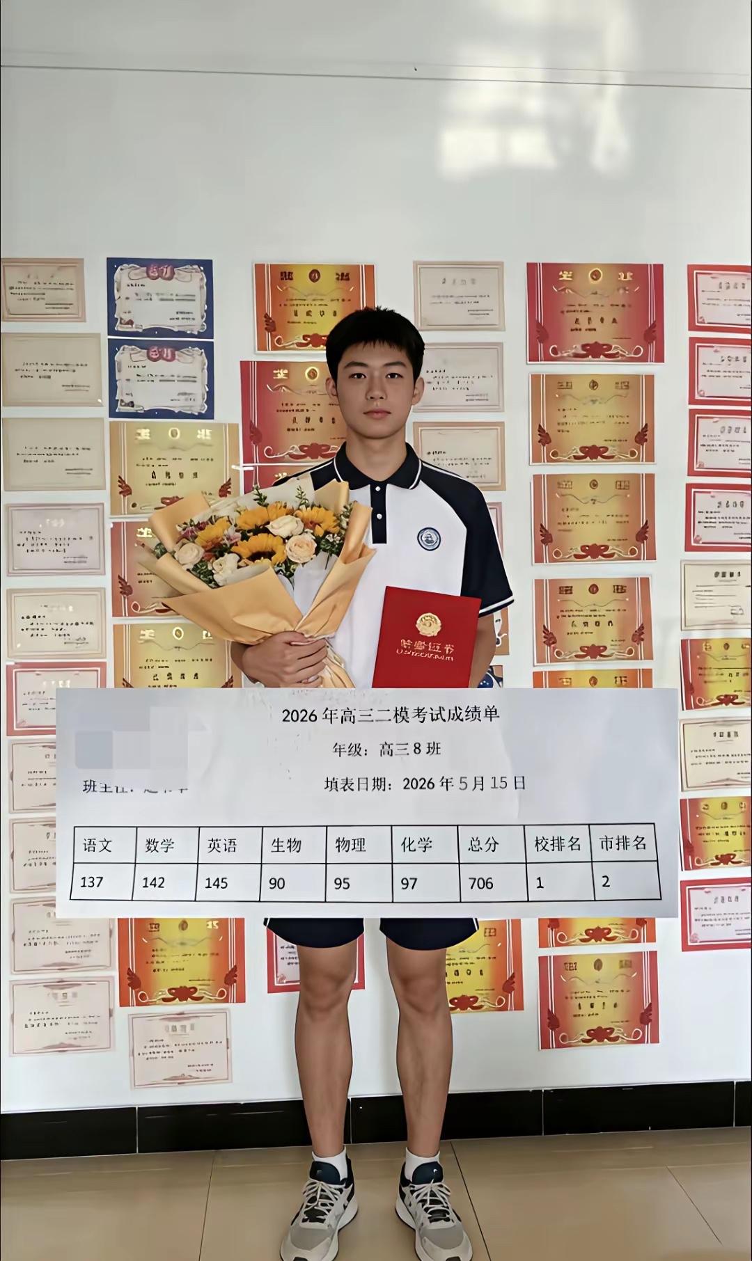 这是2026年高考第二次模拟考试的成绩702分，市排名第二、学校排名第一…如