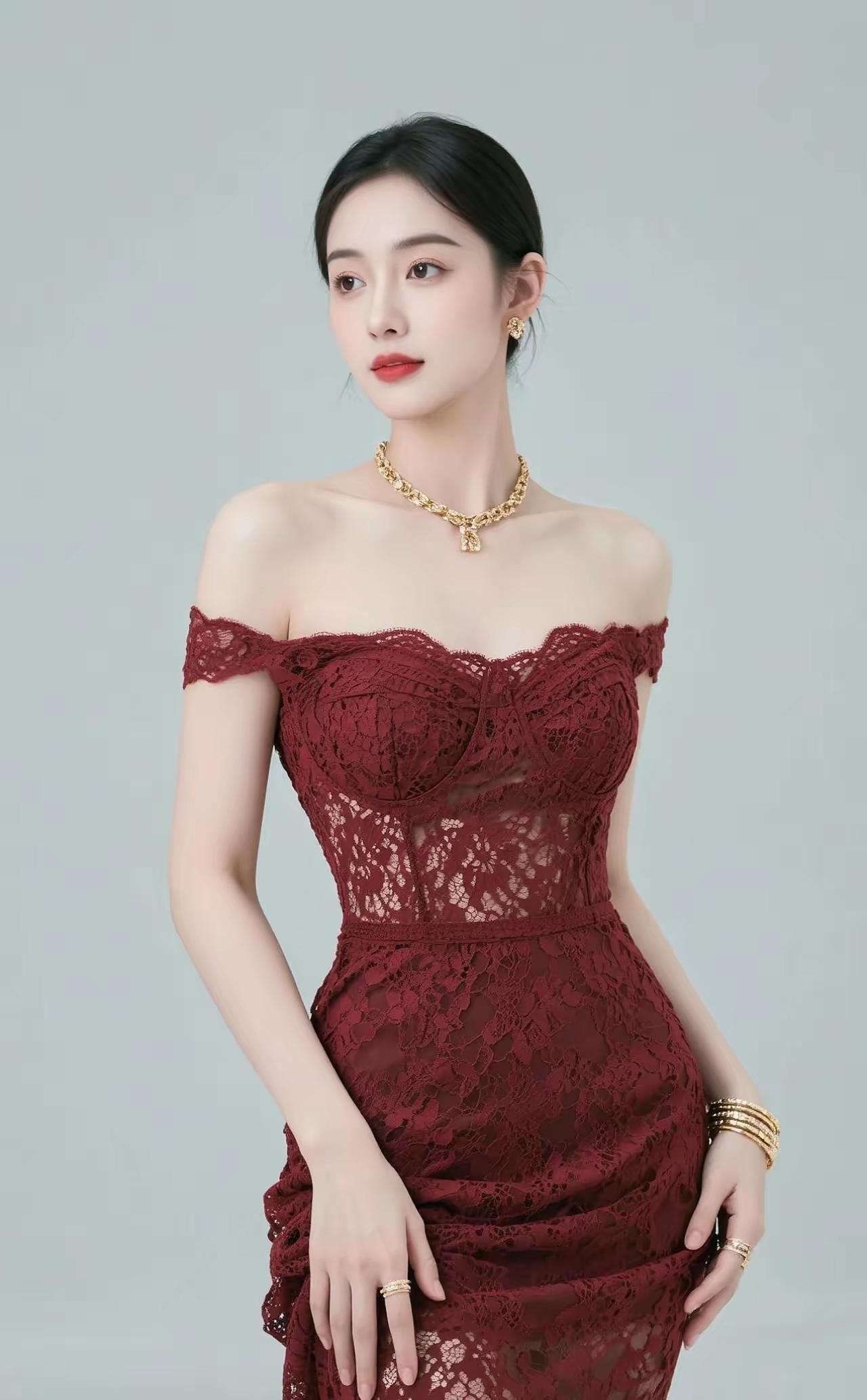 优雅红裙，蕾丝甜美，气质女神范儿