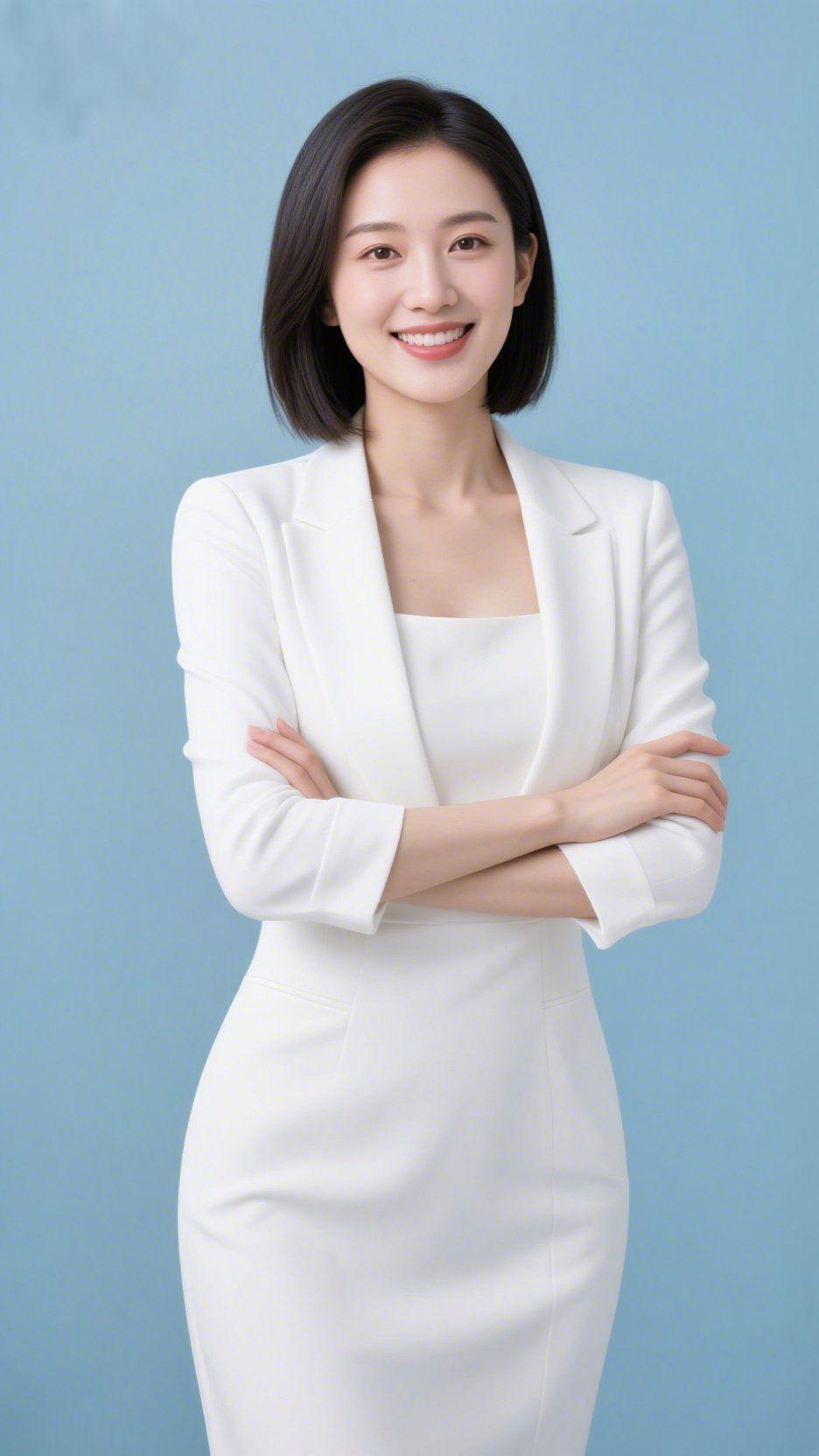 《素白里的舒展底气》她站在浅蓝的背景里，一身白套装像把云的舒展缝进了衣料—