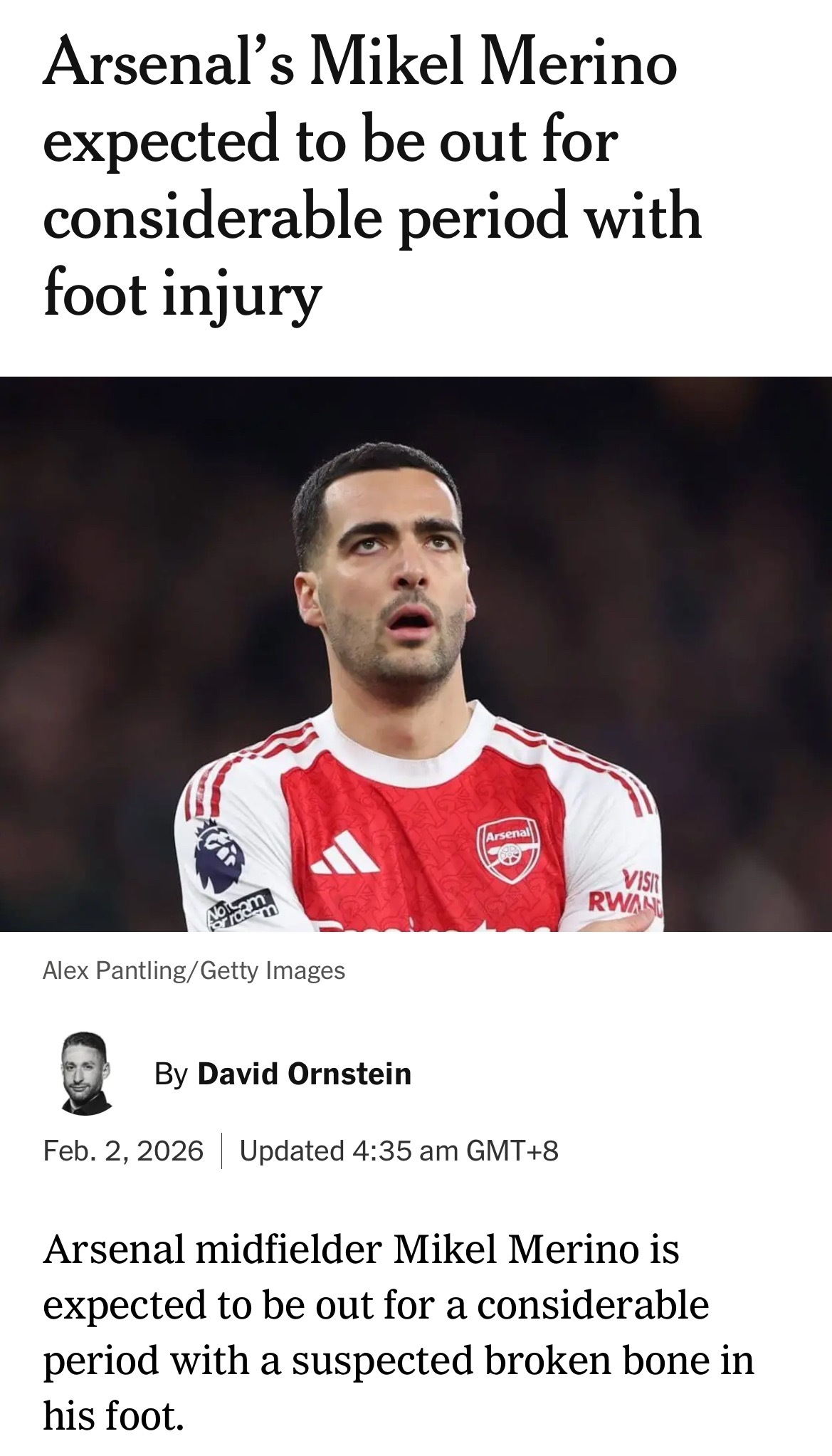 DavidOrnstein：梅里诺因疑似脚部骨折，预计将缺席相当长一段时间。俱