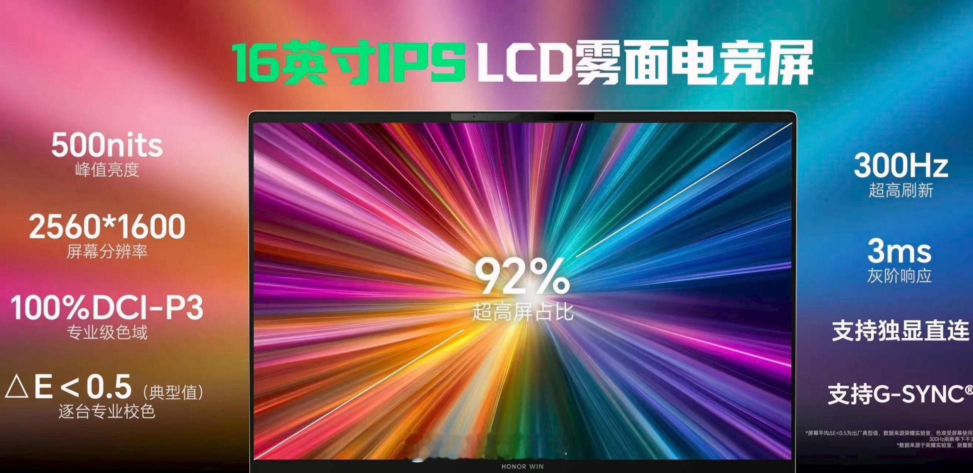 荣耀WIN游戏本H9搭载16英寸LCD雾面电竞显示屏，拥有500nits亮度与