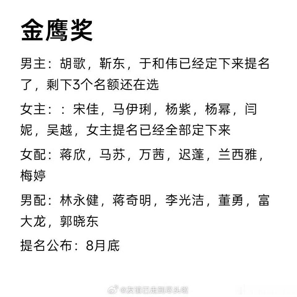 金鹰奖提名网传名单网传金鹰奖提名名单网传提名名单来了