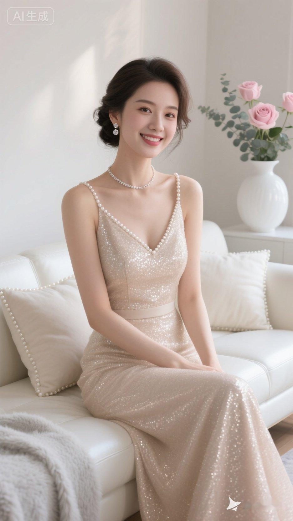 优雅珍珠项链，闪耀晚礼服，甜美笑容，梦幻少女心