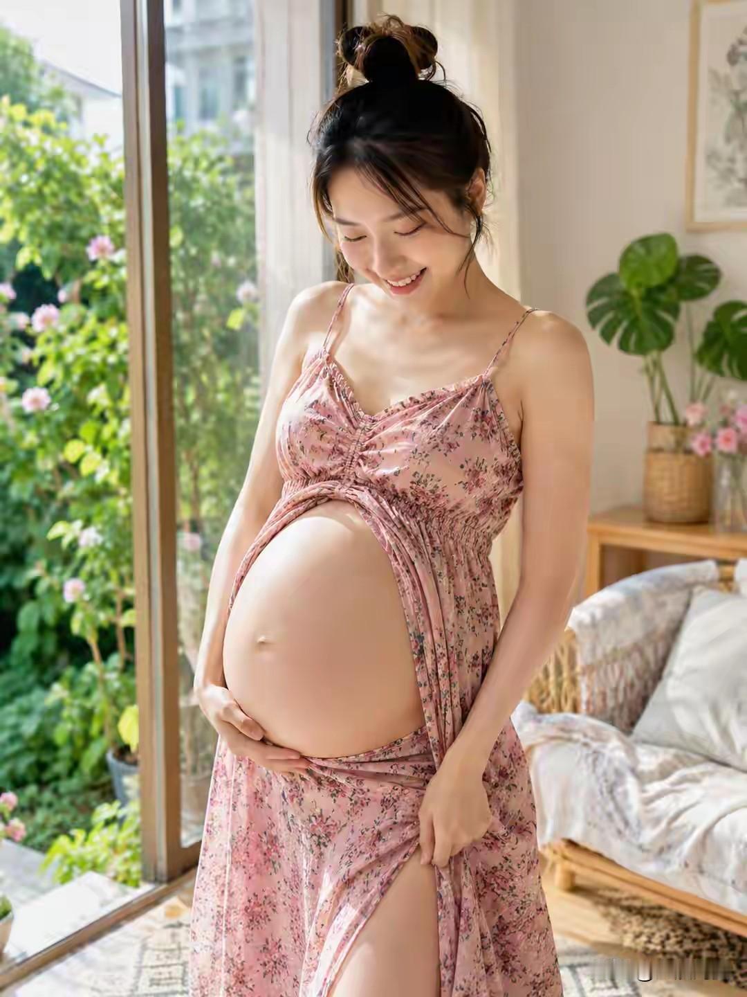 孕期的温柔时光，花裙与绿植相伴的美好瞬间。