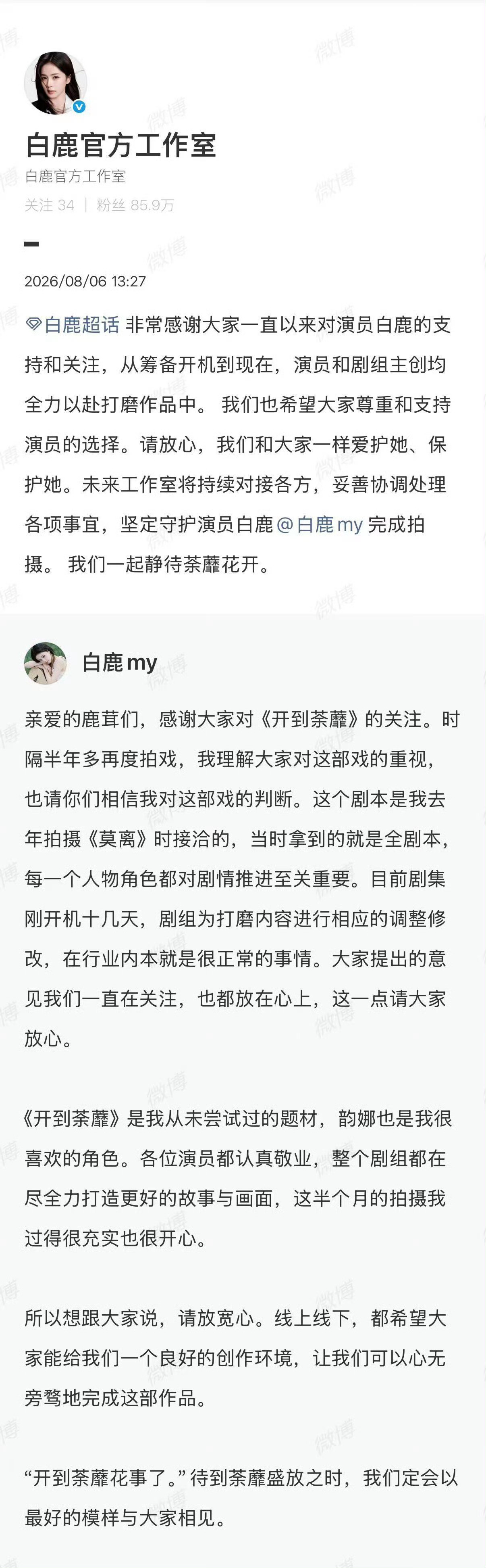 工作室希望大家尊重白鹿的选择看完白鹿和工作室的回应，其实能看懂两边的立场。粉丝是