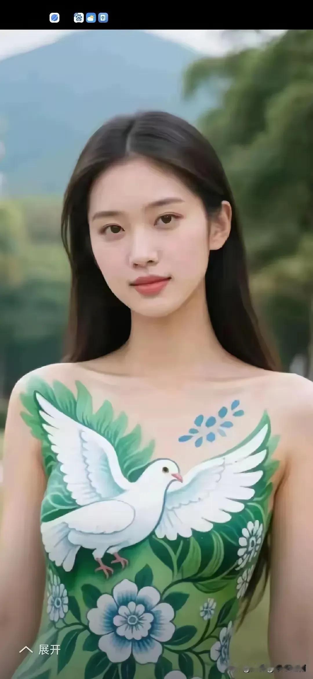 裙摆裹着山野的风，白鸽栖在花藤纹路里，春的气息漫过肩颈，是自然与温柔的共生。