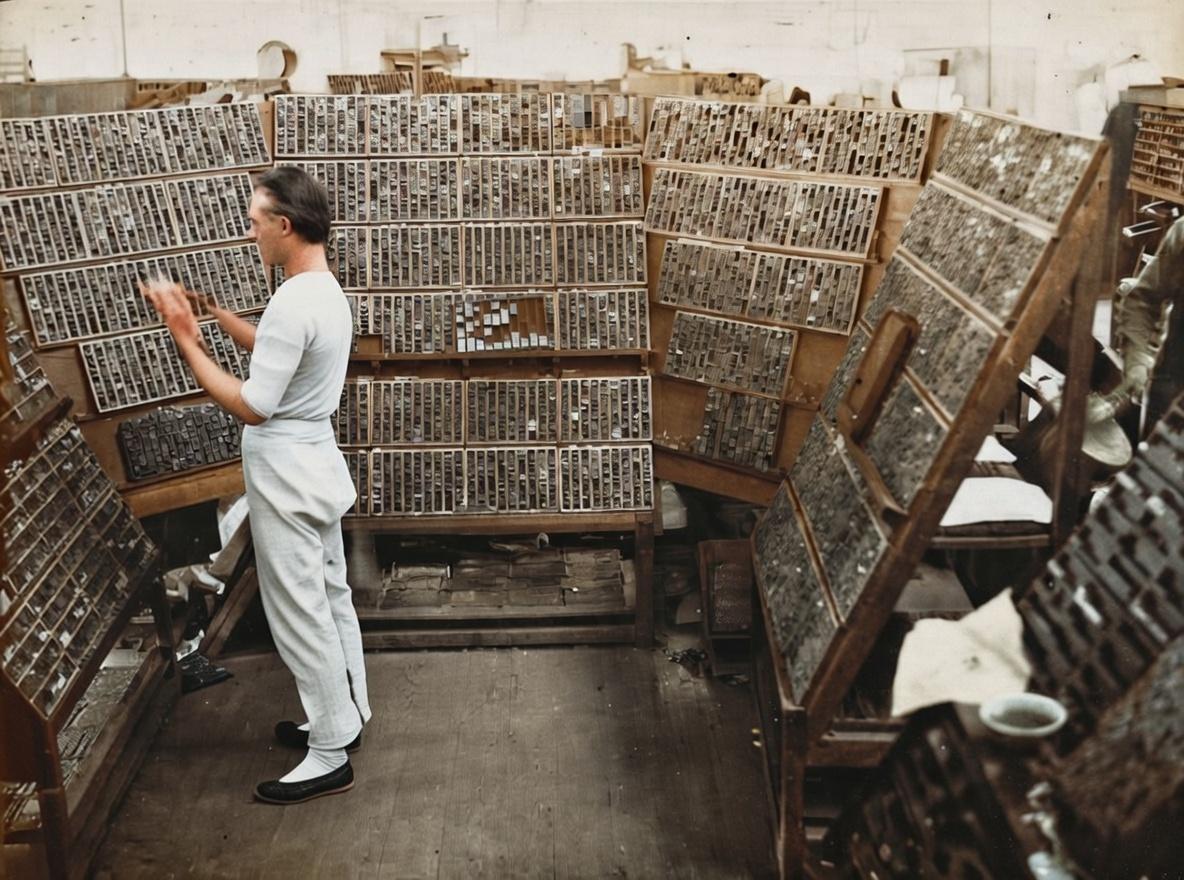 这张照片拍摄于晚清至民国初年的上海，记录了当时一家印刷厂里，排字工人的工作场景。