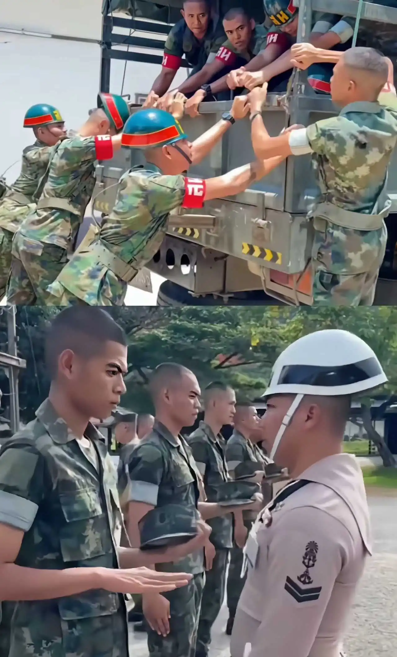 泰国军队宪兵头盔是一款辩识度极高的军用头盔，它使用合成材料制造，比钢盔轻，造型扁