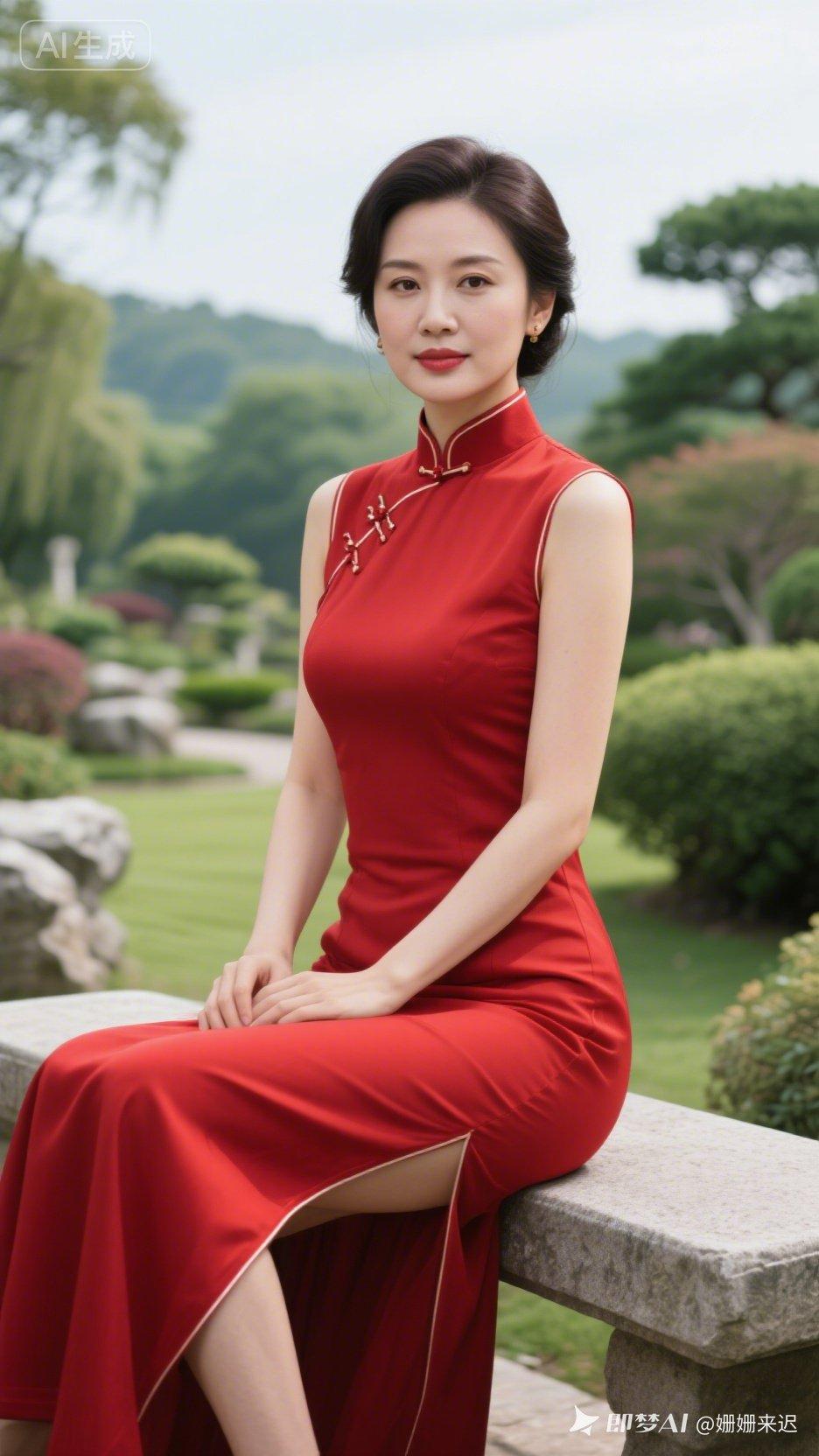 优雅红裙，静坐园林，尽显东方韵味！