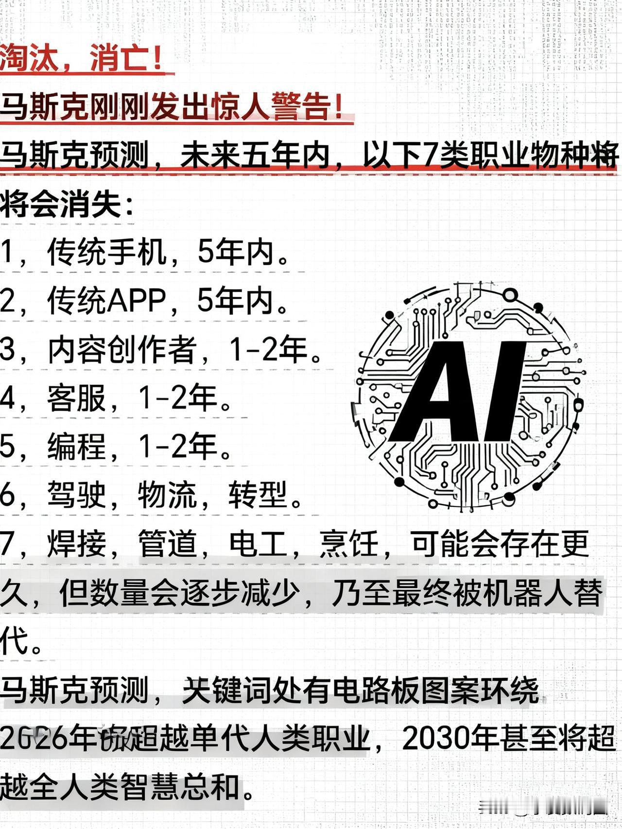 来看下马斯克关于AI的几个预言：1、传统手机和APP5年内消亡2、内容创作