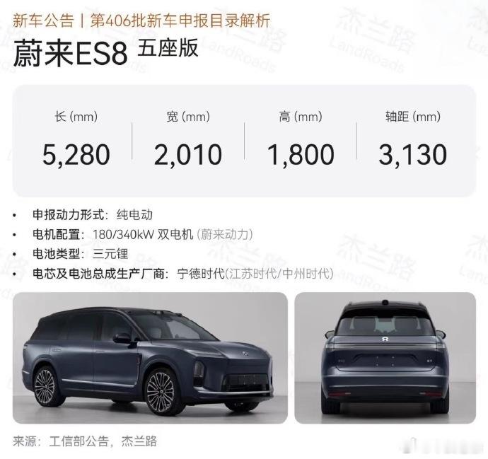 全新蔚来ES8刚看到ES8五座版申报信息，尺寸5280mm轴距3130mm，双电