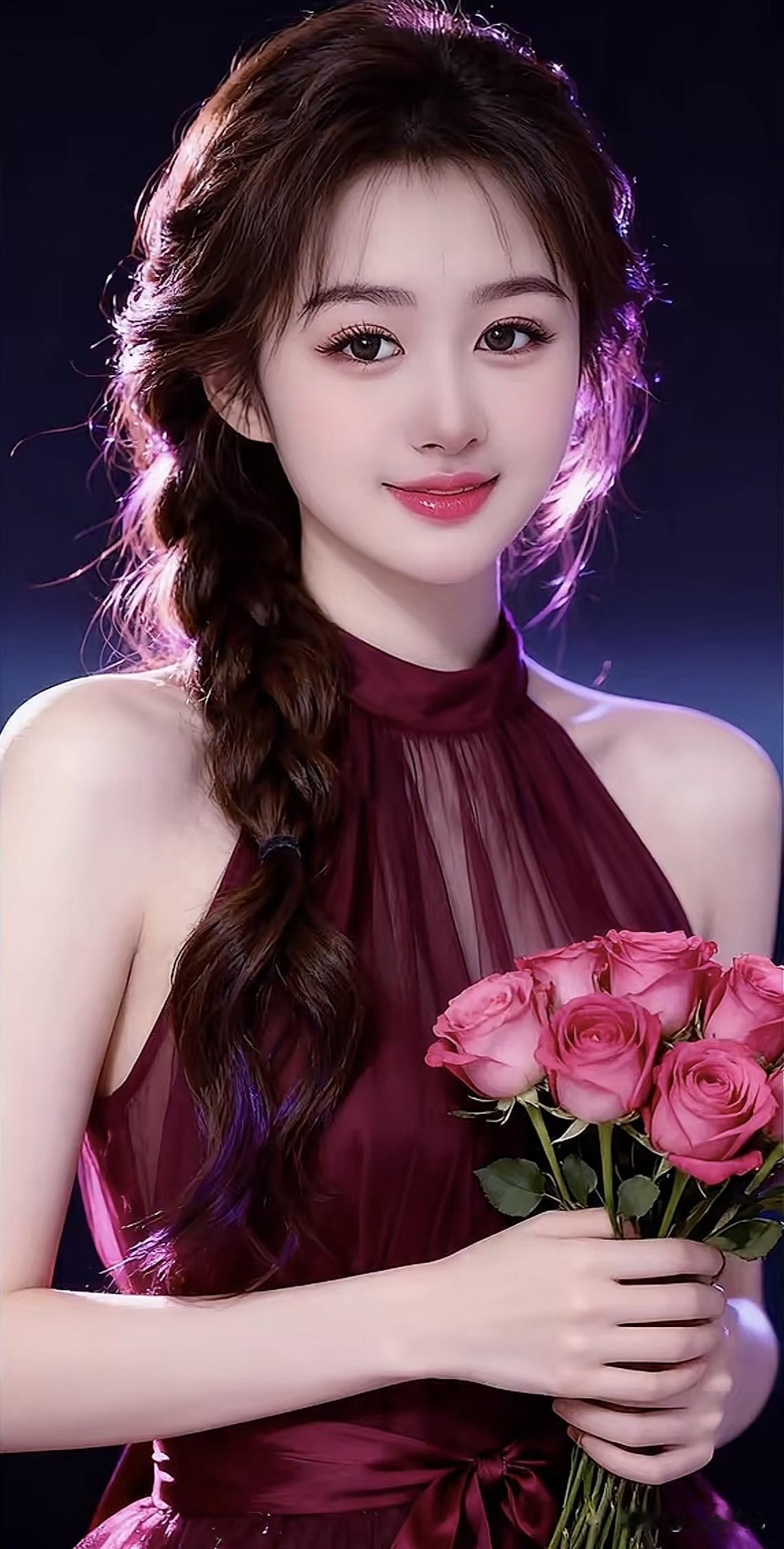 温柔甜美的少女，手捧粉色玫瑰，散发着浪漫气息。玫粉色玫瑰玫瑰花粉色照淡粉色玫