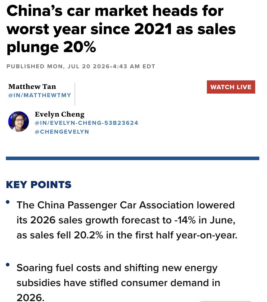 外媒：中国乘用车市场正遭遇2021年以来最疲弱的一年，上半年销量同比下跌20.2