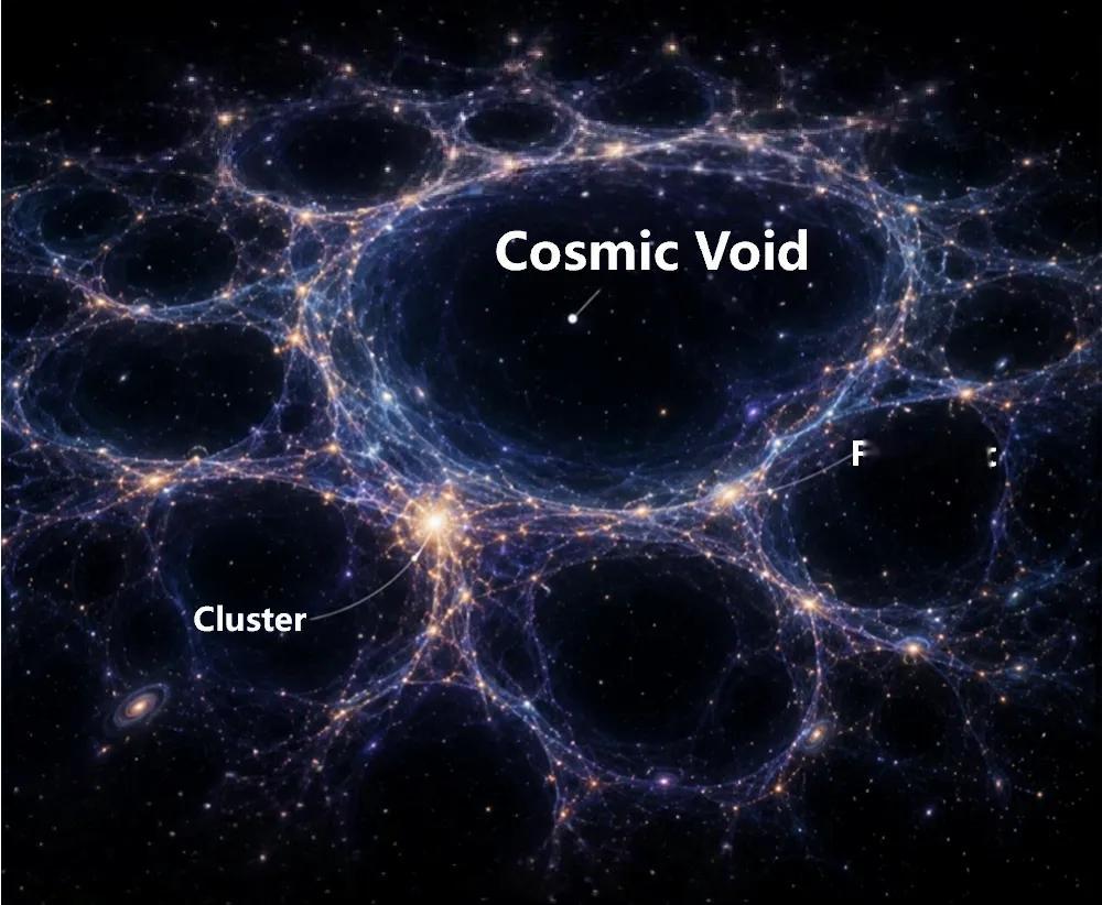 【宇宙空洞其实并不“空”】宇宙在大尺度上呈现“宇宙网”结构，星系、星系团和暗物