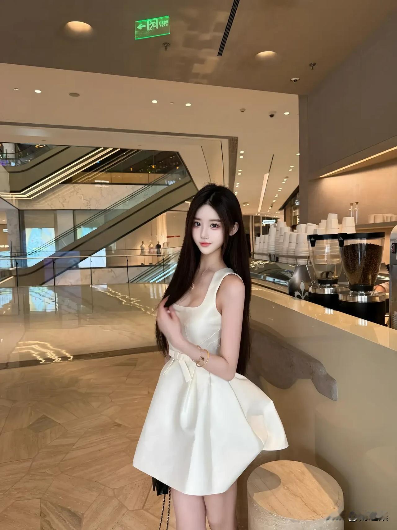 优雅咖啡馆，甜美白裙少女，享受宁静时光