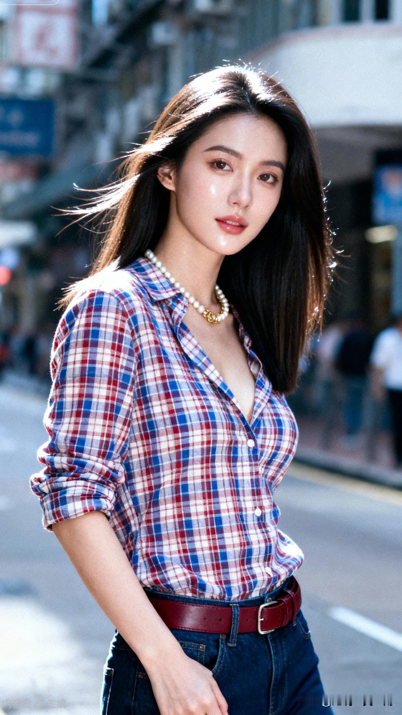 红袖添香夜，美人倚长街。手机摄影街拍人文都市街头风，红蓝格子衬衫搭配珍珠项链，