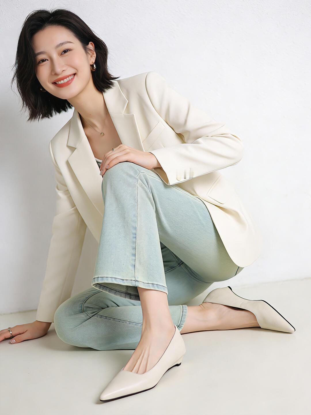 白色背景浅蓝牛仔御姐范儿。